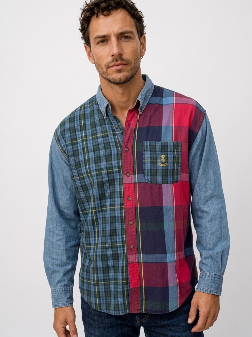 Ralph Lauren Mixed Plaid & Chambray Button-Down Shirt - Red, Blue, Green